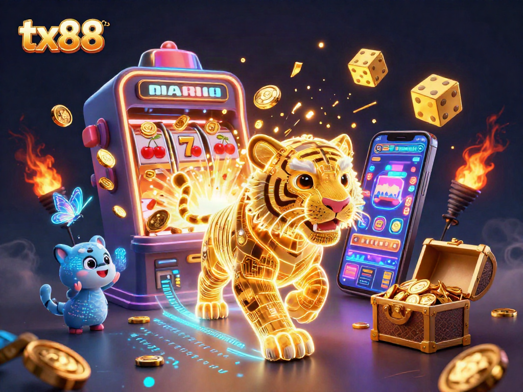 Experience exhilarating jackpots at tx88 with a vibrant digital casino theme, featuring a golden tiger and slot machines.