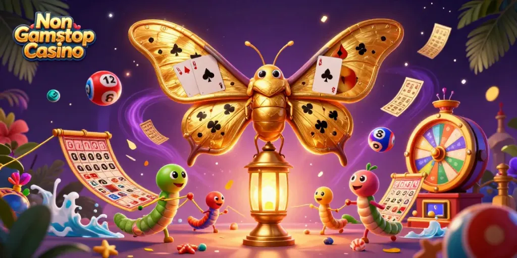 Engaging scene showcasing a Non Gamstop Casino with vibrant game elements and a majestic 3D moth.