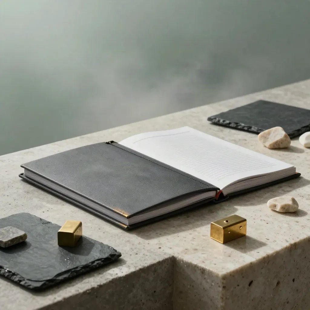 Charcoal binder, strategy board, brass weights and slate samples on stone in dawn mist.