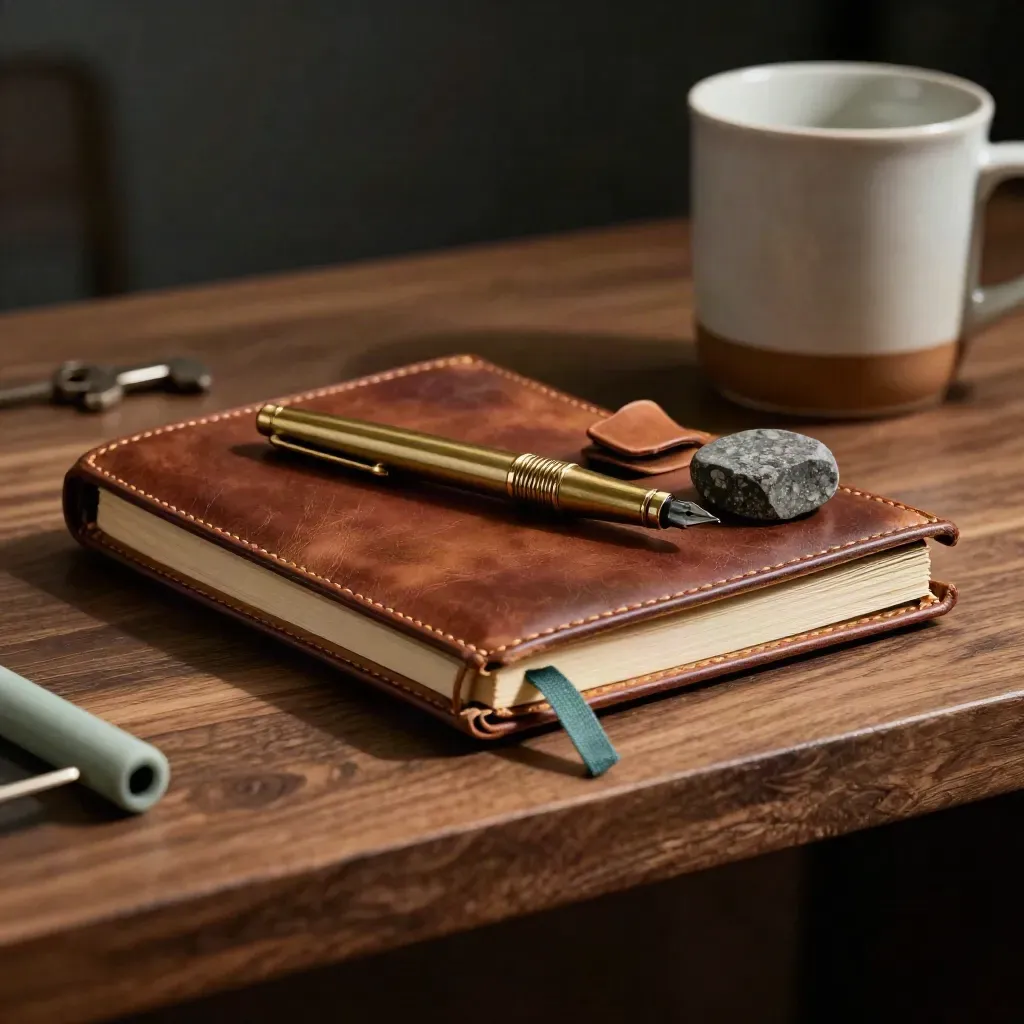 Leather notebook, brass cap, stone paperweight and teal-marked mug ring on a walnut ledge.