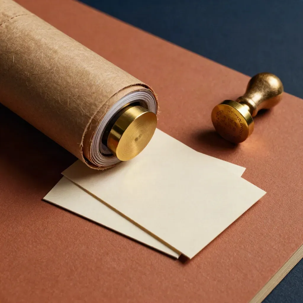 Kraft tube, cream cards, brass seal and paperweight on a terracotta surface.