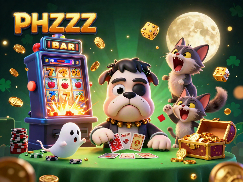 Play exciting games at PHZZZ with a Frankenstein bulldog dealer and vibrant casino elements.