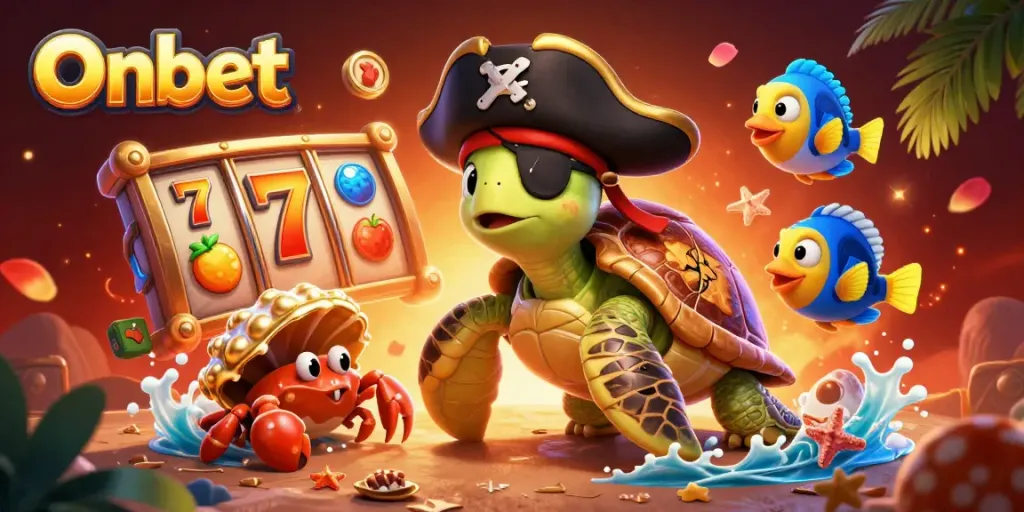 Play slots with Onbet featuring a pirate turtle and colorful game elements in a dynamic casino scene.