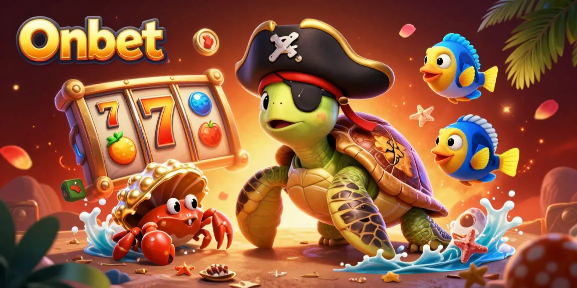 Play slots with Onbet featuring a pirate turtle and colorful game elements in a dynamic casino scene.