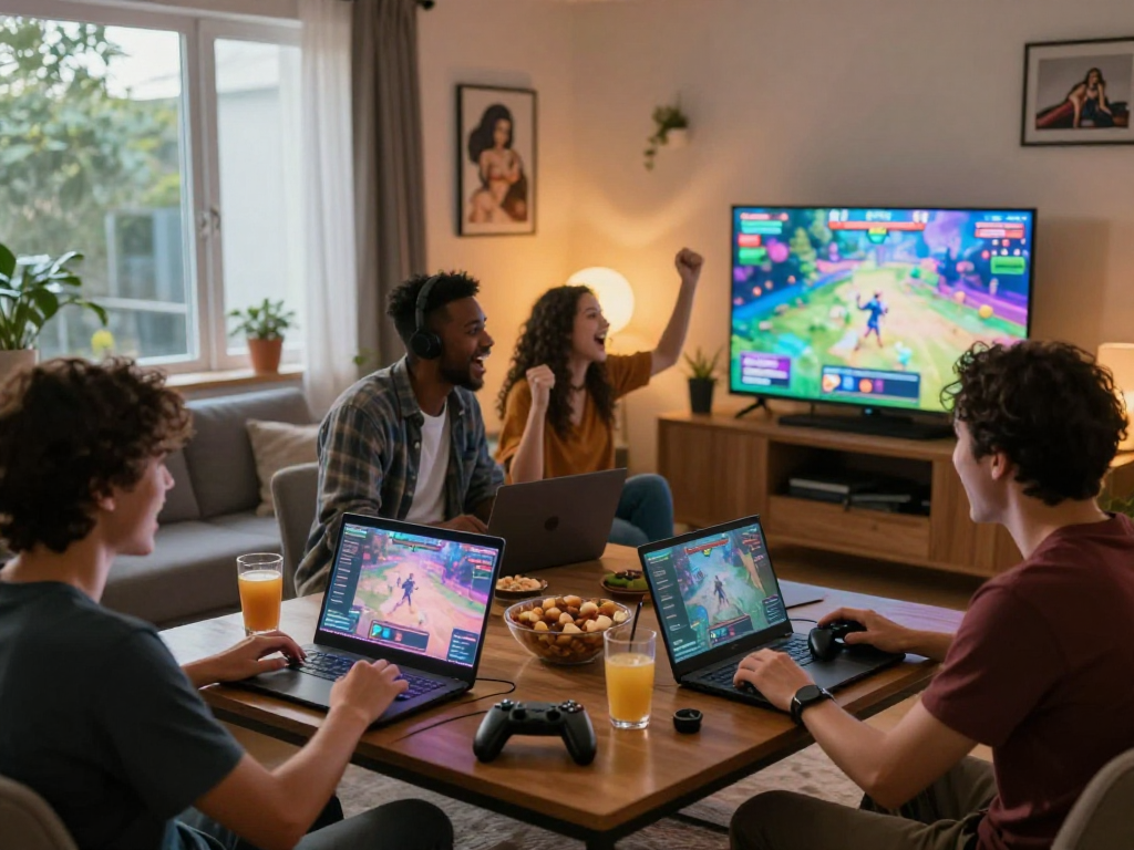 Players enjoying porngames in a cozy living room setup with vibrant game display.
