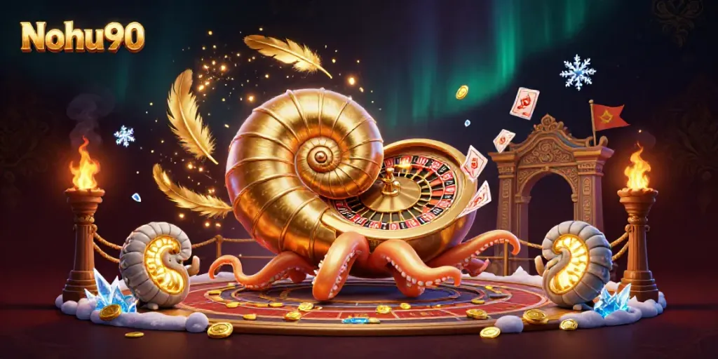 Engage in thrilling gameplay with Nohu90's casino experience featuring a giant nautilus and glowing ammonite companions.