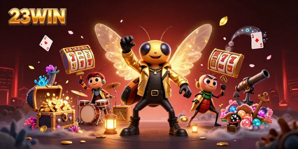 Experience the thrills of 23WIN with a vibrant 3D casino rock star scene filled with slots and treasures.