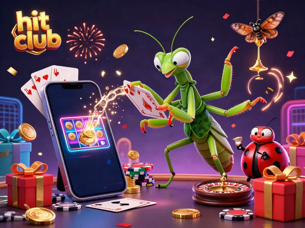 Experience the excitement at hit club with a vibrant 3D illustration of card games and casino fun.