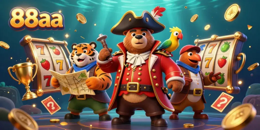 Experience thrilling slot action with 88aa in a vibrant, dynamic illustration featuring a pirate bear and tiger.