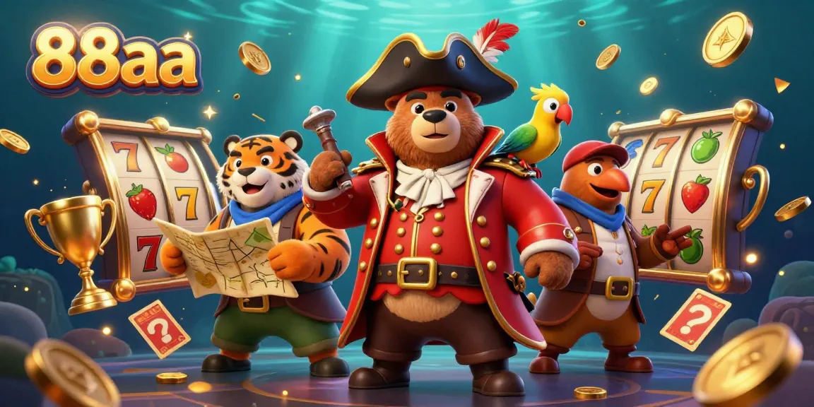 Experience thrilling slot action with 88aa in a vibrant, dynamic illustration featuring a pirate bear and tiger.