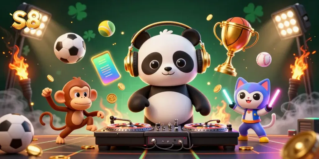 S8 online casino features a DJ panda and monkey in an energetic gambling scene with sports elements.