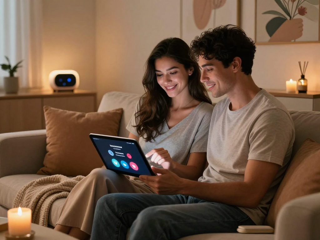 AI sex technology enhancing intimate moments between a couple in a cozy setting.