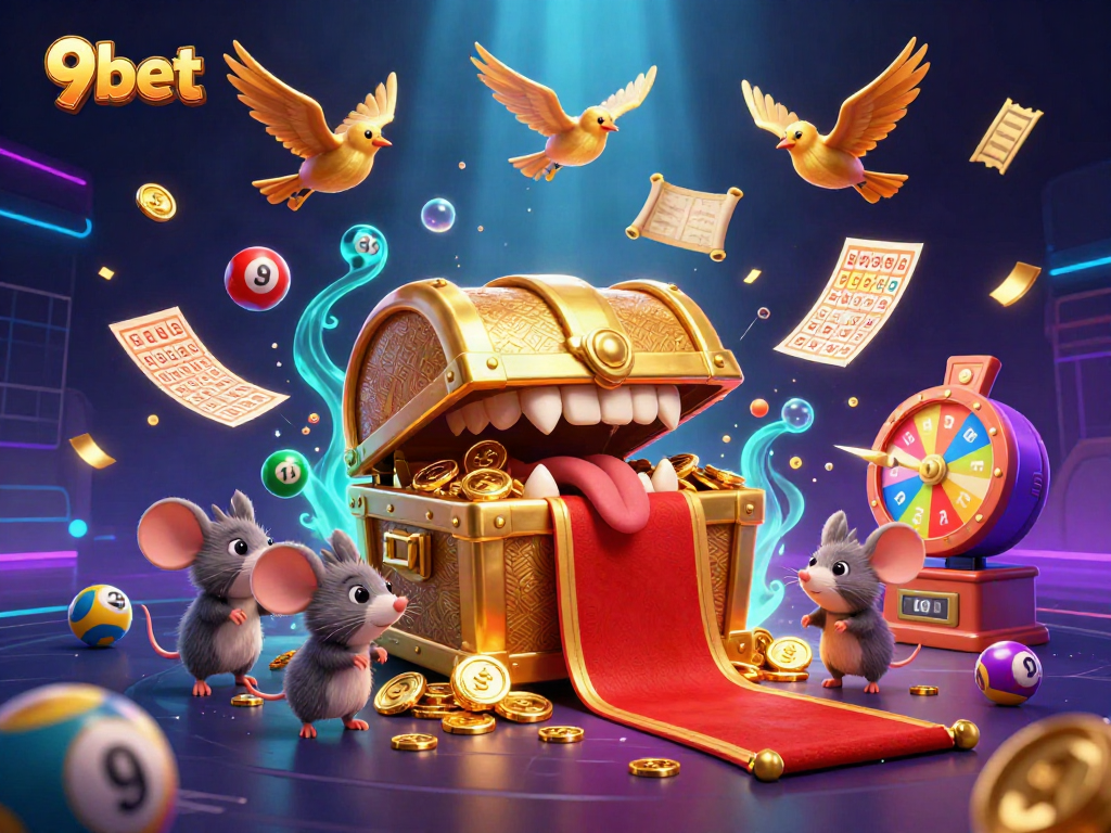 Bet with 9bet and uncover riches with vibrant casino elements in this dynamic illustration.