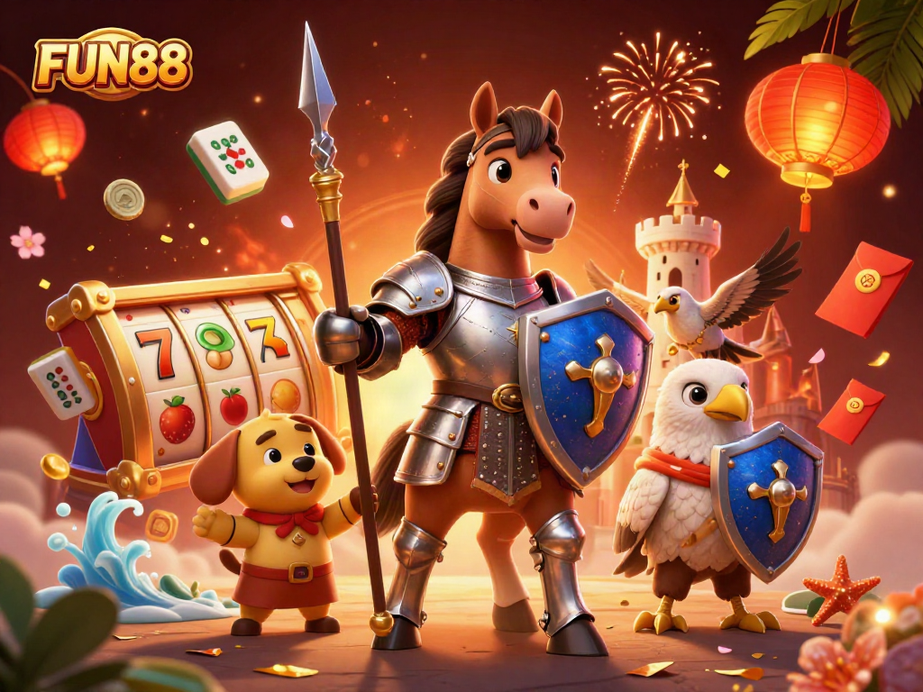 Experience thrilling gameplay with FUN88, featuring iconic slot reels and dynamic casino elements.
