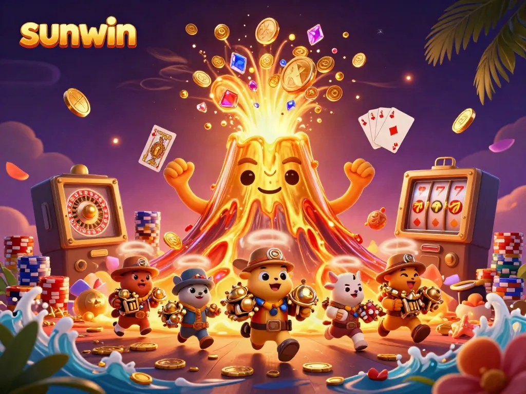 Experience thrilling gameplay with sunwin as golden treasures erupt from an animated volcano in a vibrant casino scene.