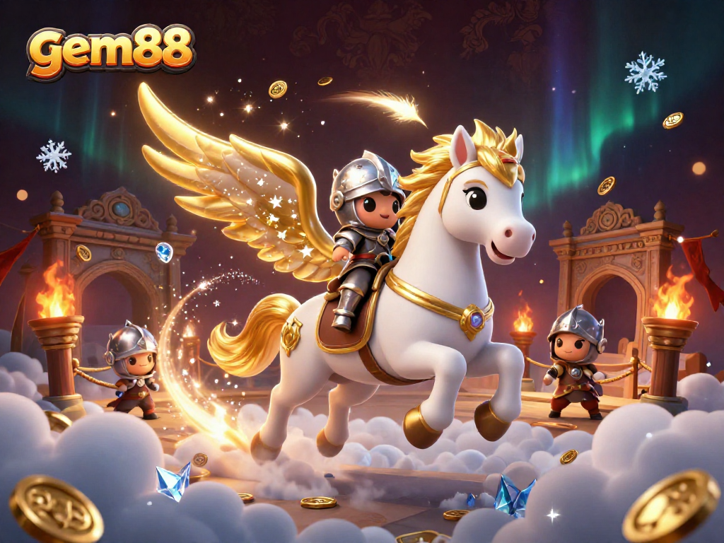 Experience thrilling gameplay at gem88 with a dynamic 3D knight and celestial horse illustration.