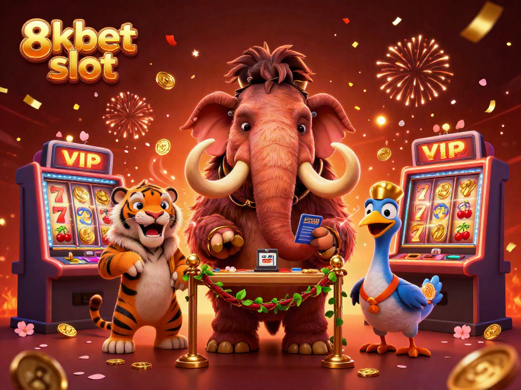 Experience 8xbet slot excitement with vibrant scene of playful characters amidst spinning slot machines and confetti.