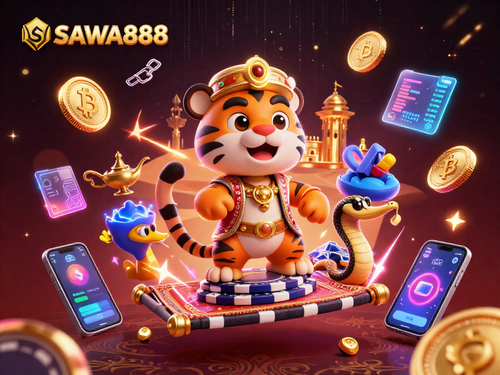 Experience exciting gameplay with SAWA888, vibrant slot features and crypto elements soaring in a rich digital landscape.