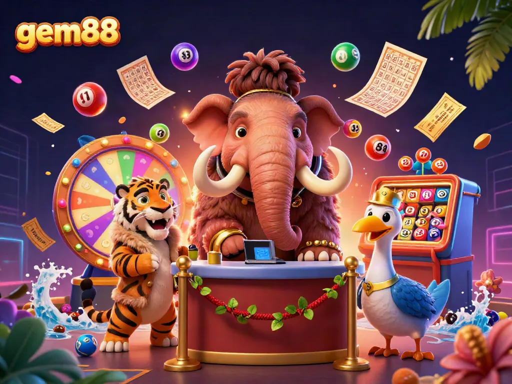Join the excitement at gem88 with a vibrant 3D illustration featuring casino characters amidst colorful lottery elements.