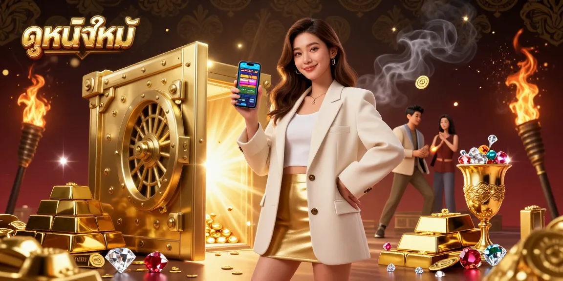 Engage with ดูหนังใหม่ for an immersive betting experience, showcasing a vibrant mobile app scene filled with gold.
