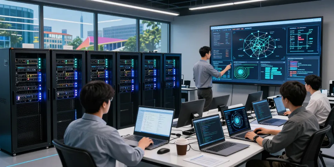 Engineer analyzing data on edge computing systems in a high-tech lab.