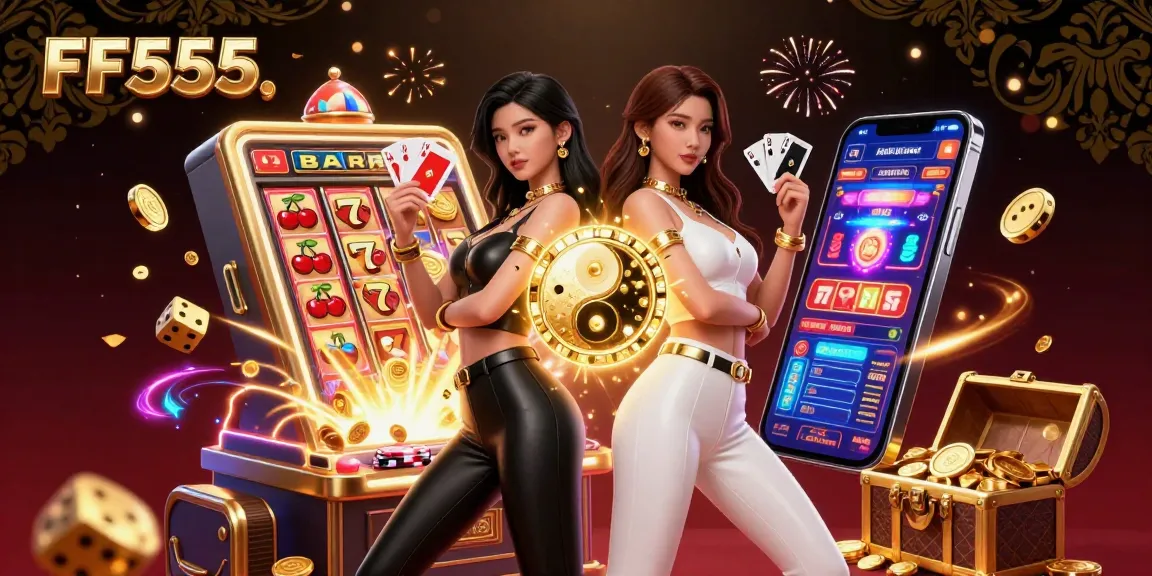 Experience the excitement of FF555 casino with twin Asian women representing winning strategies in a dazzling 3D scene.