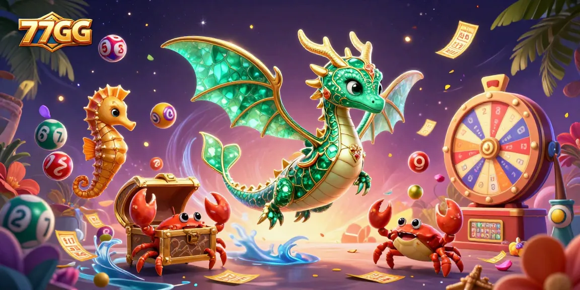 Engage with the vibrant 77GG platform featuring colorful lottery elements, a treasure chest, and a magical sea dragon.