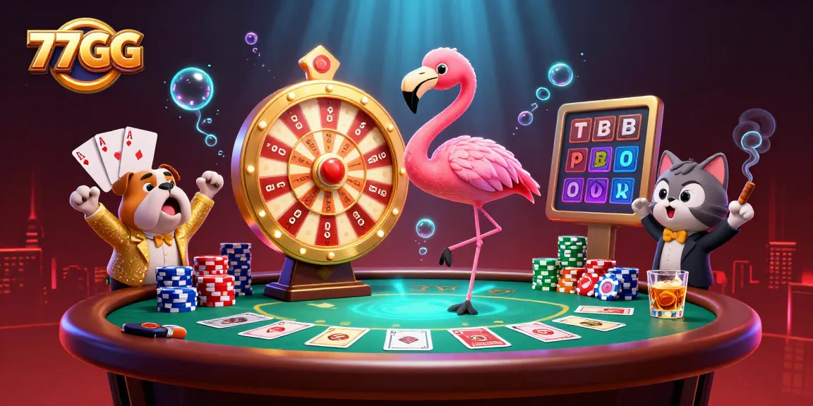 Experience thrilling betting adventures with 77GG as cartoon characters showcase dynamic casino elements.