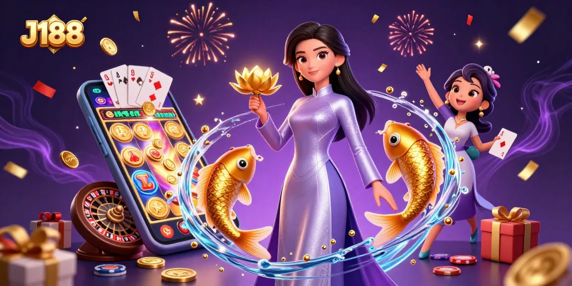 Win exciting rewards at J188 with vibrant 3D casino graphics, featuring games and a beautiful setting.