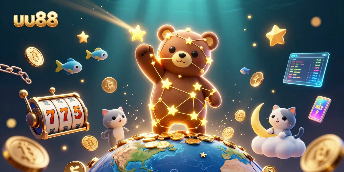 uu88 players enjoying slots with a constellation bear, coins, and vibrant cosmic elements