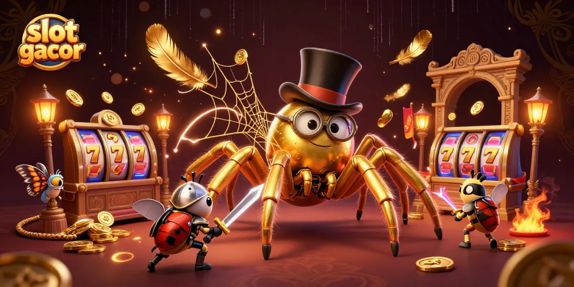 Engage with slot gacor illustrated featuring a giant golden tarantula weaving winning threads amidst dynamic casino elements.