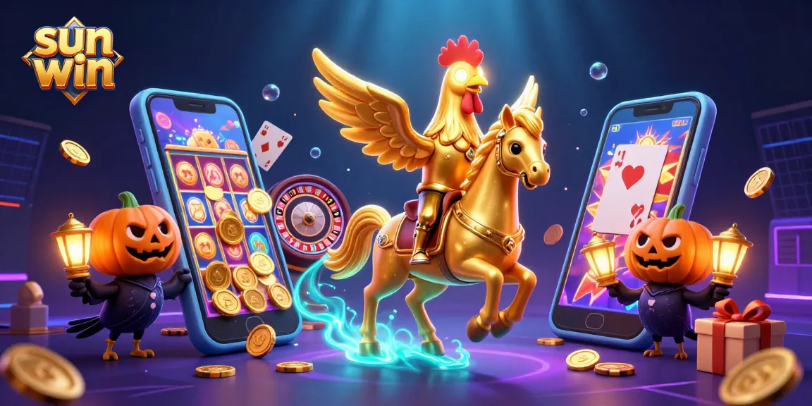 Engage with sun win's golden rooster in a vibrant, dynamic casino scene full of excitement and colorful gaming elements.