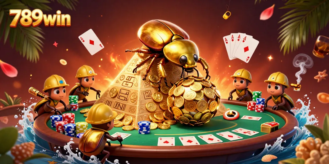 Engage in the world of 789win with vibrant casino activities featuring unique golden beetle characters.