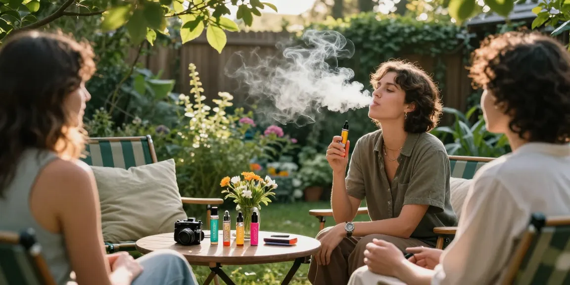 Person enjoying thc vapes in a cozy garden space with colorful accessories.