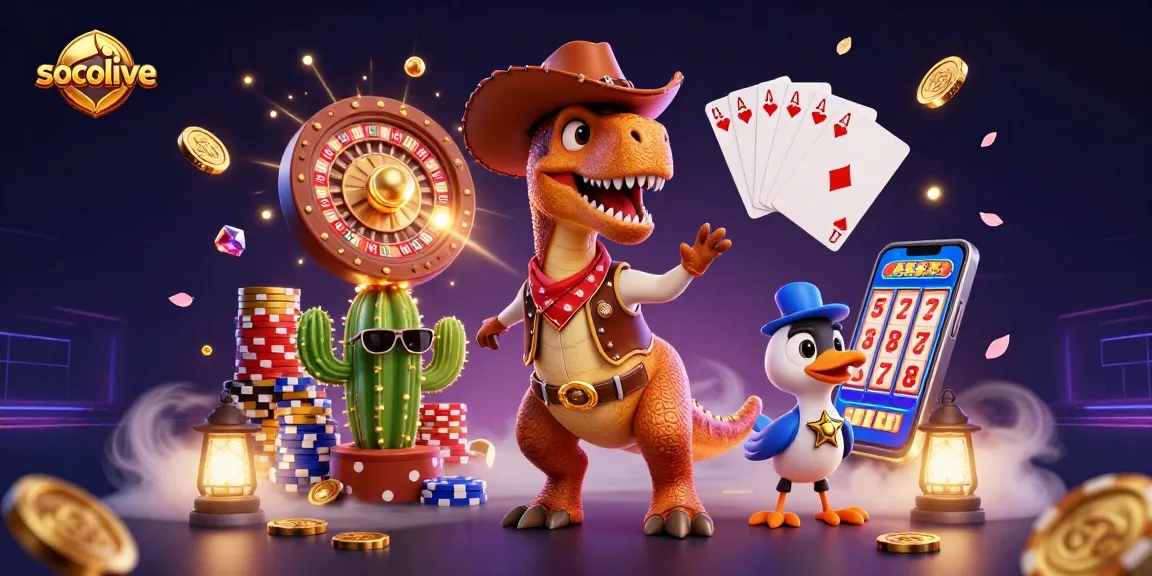 Socolive showcases thrilling casino excitement with a captivating T-Rex character and dynamic gambling elements.