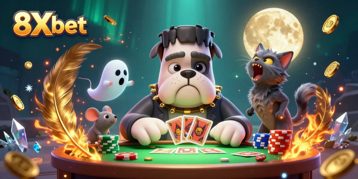 Engaging scene showcasing 8Xbet with a cartoon bulldog dealing cards surrounded by coins and ghostly fun!