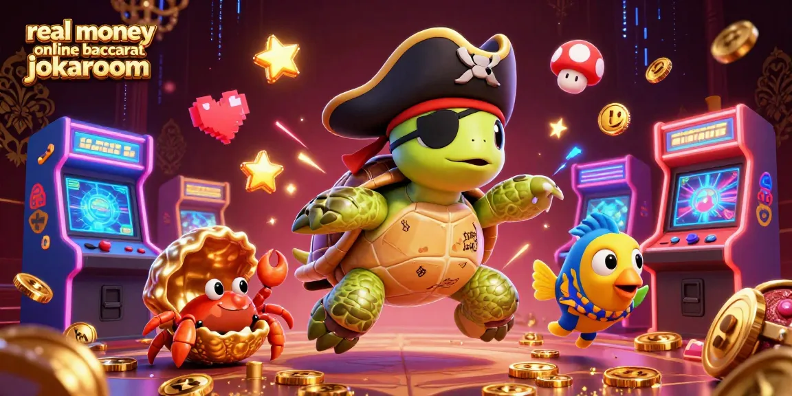 Engage in real money online baccarat jokaroom with a vibrant 3D illustration of a pirate turtle and casino-themed elements.