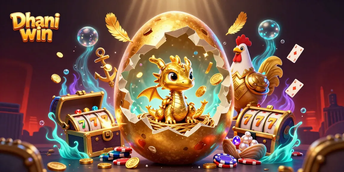 Dhani win rewards players with an exciting gaming experience featuring colorful slot reels and a golden baby dragon.