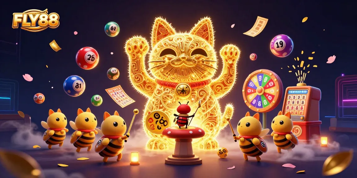 Join the excitement at FLY88 as golden fireflies create a lucky cat amidst colorful casino themes.