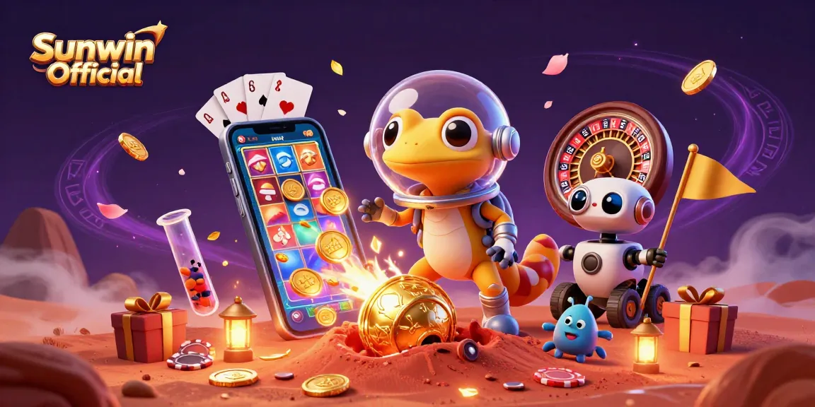 Experience excitement at Sunwin Official with a whimsical Martian gecko discovering a golden casino.