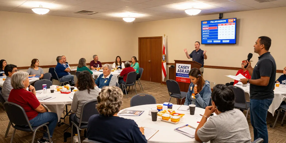 Community gathering with Casey Askar engaging voters at a town hall meeting.