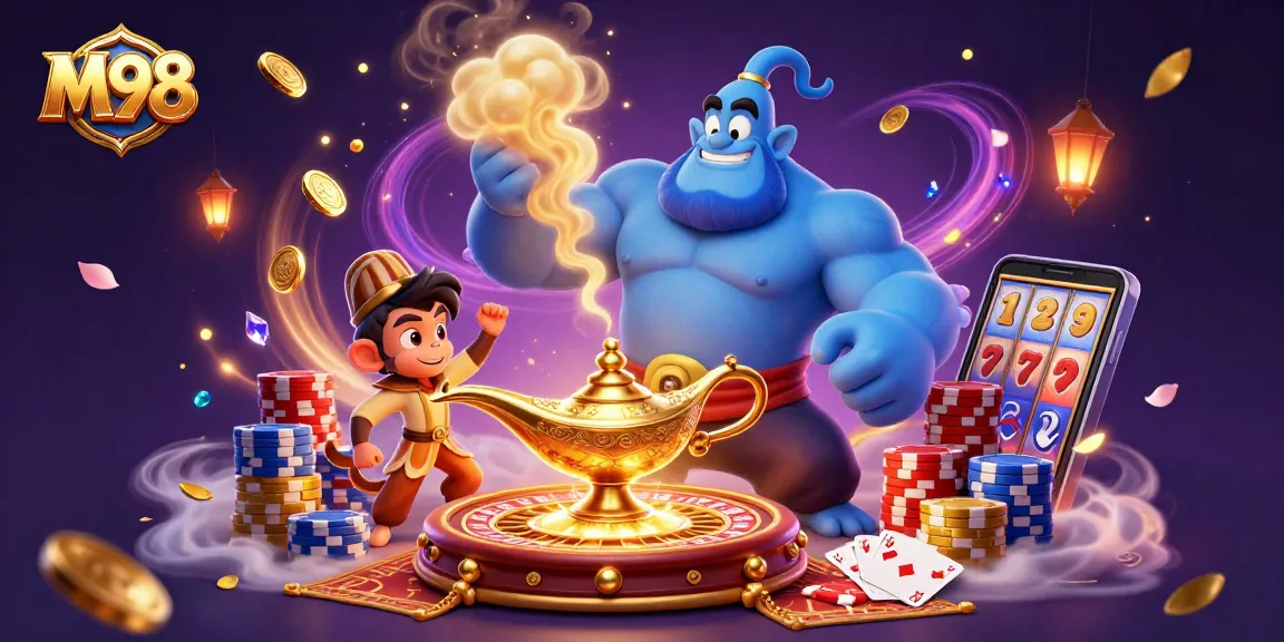 M98 offers an exciting 3D casino atmosphere with a blue genie and magical elements.