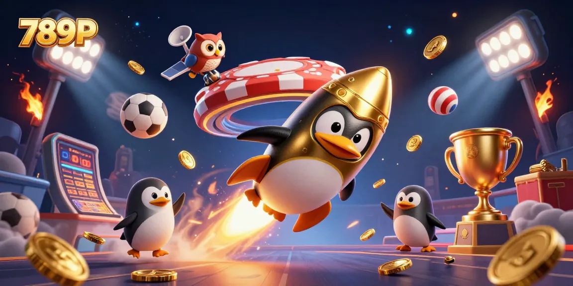 Engage with the exciting universe of 789P in this dynamic 3D illustration depicting a golden penguin navigating a cosmic casino landscape.